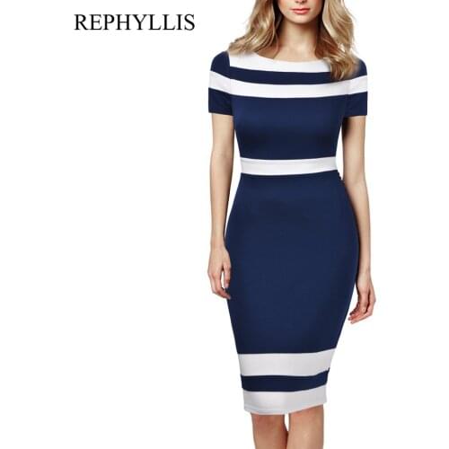 REPHYLLIS Women Boat Neck Short Sleeve Patchwork Casual Business Office Lady Elegant Bodycon Pencil Dress