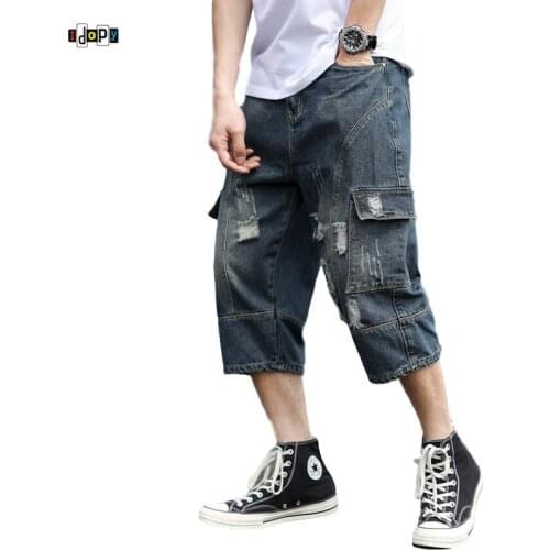 2019 New Mens Casual Jeans Short Hip Hop Men Ripped Packet Distressed Denim Cargo Short Streetwear For Man Plus Size 28-42