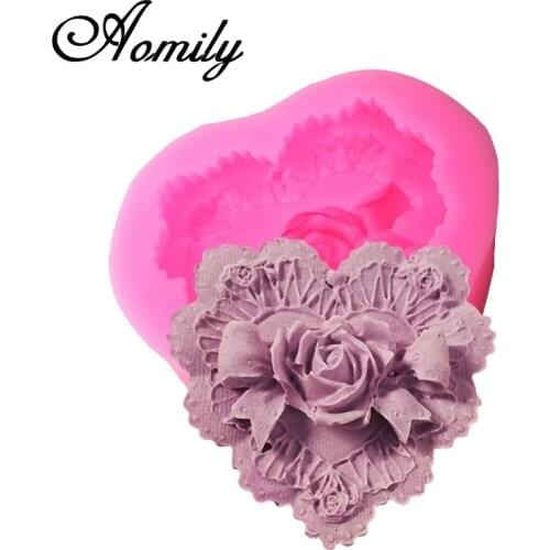 Aomily 3D Rose Bowknot Flowers Silicone Chocolate Mould Heart Love Soap Mold Candle Polymer Clay Mold Crafts DIY Forms Soap Base