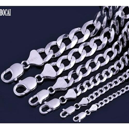 BOCAI new 100% real s925 silver jewelry men and women silver necklace Flat fashion long necklace silver
