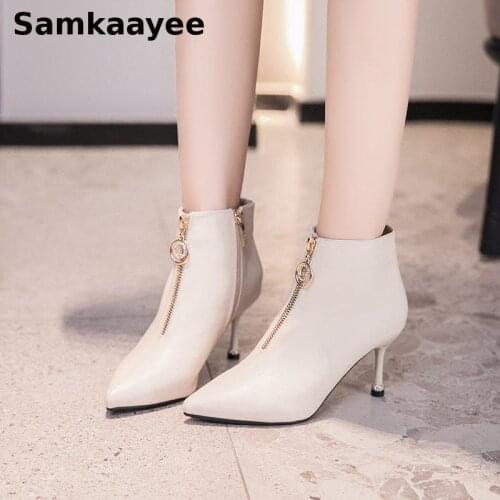 Size 34-39 Womens Martin Boots Spring Autumn Female Pu Leather Botas Diamond Zipper 7.5cm Heels Shoes Pointed Toe Booties 55