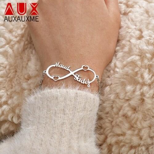 Auxauxme Personalized Infinity Symbol Nameplate Bracelet Stainless Steel Date Name Bracelet for Women Children Jewelry Gifts