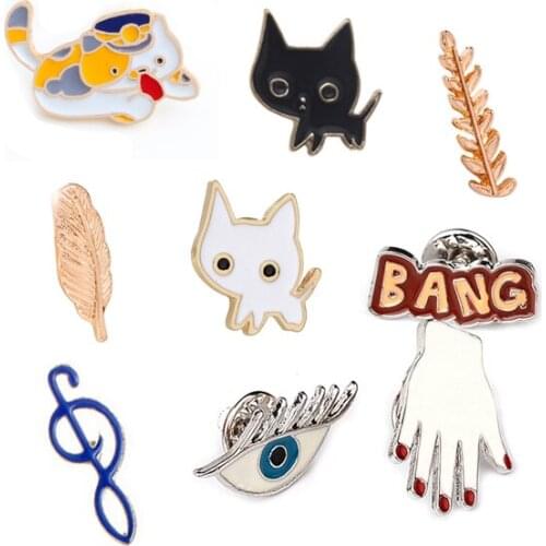 High Quality 9 Style Cartoon Simple Leaf Hand Eye Music Note Cat Enamel Brooch Pins Collar Denim Shirt Decoration Button Pin