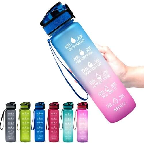 1L Sports Water Bottle with Time Marker BPA Free & Leak proof Portable Reusable Drinking Kettle Fitness Sport Water Jug