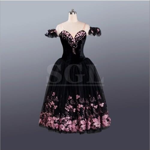 Adult Black Romantic Long Dresses Velvet Bodies Custom Made Professional Ballet Dress AT1206 Ballet Cinderella Stage Costumes