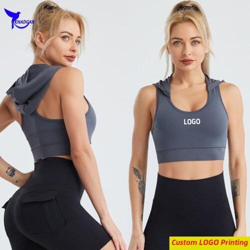 Breathable Padded Hooded Sports Bra Women U-Neck Quick Dry Sleeveless Crop Tops Yoga Hoodies Gym Fitness Running Vest Customized