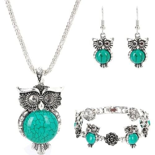 European Vintage Two Colors Stones Owl Alloy Jewelry Set