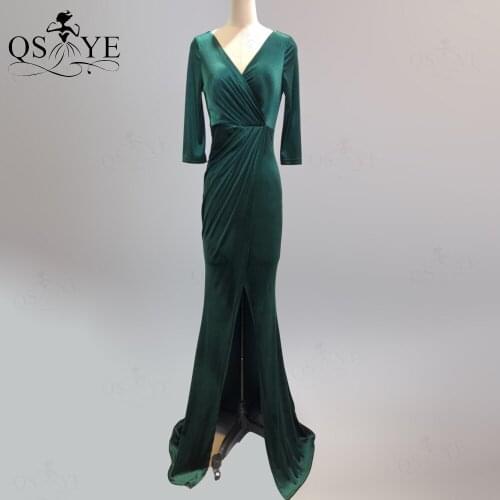 Emerald Evening Dresses Long Sleeves Mermaid Velvet Evening Gown Sexy V Neck Party Dress Ruched Green Formal Dress Open Back