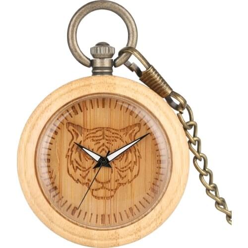 Classic Bamboo Pocket Watch for Men Women Print Animal Pattern Dial Pocket Watches Practical Pendant Chain Watch