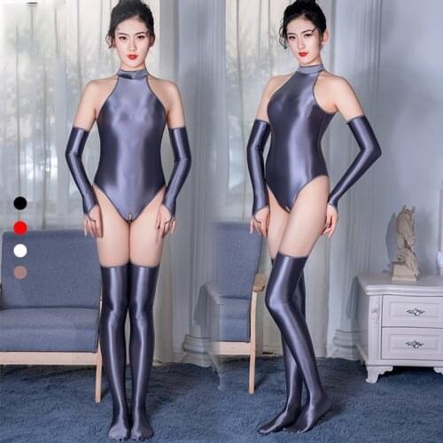 DROZENO Sexy Solid color three-piece suit Ladies high neck Slippery tights + socks + gloves Ladies base underwear