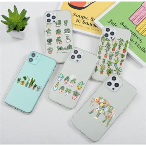 Cute Cactus Green Leaf Clear Phone Case For iPhone 7 7plus XR XS 11 12 Pro MAX Mini X SE20 5 5s 8 6 s Plus Plants Soft TPU Cover