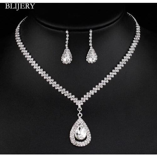 BLIJERY Fashion Bridesmaid Bridal Jewelry Sets Silver Plated Crystal Long Drop Necklace Earrings for Women Wedding Jewelry Sets