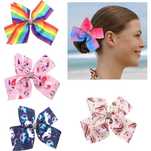 Fashion Rainbow Striped Grosgrain Ribbon Bows Baby Girl Hair Clips Cute Cartoon Unicorn Print Bowknot Hairpins Photography Props