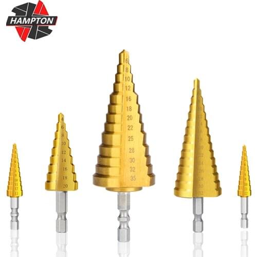 4pcs HSS Step Drill Bit Set Hex Shank Cone Hole Cutter Taper Metric Core Drill Bits Titanium Coated Metal Drill Bit