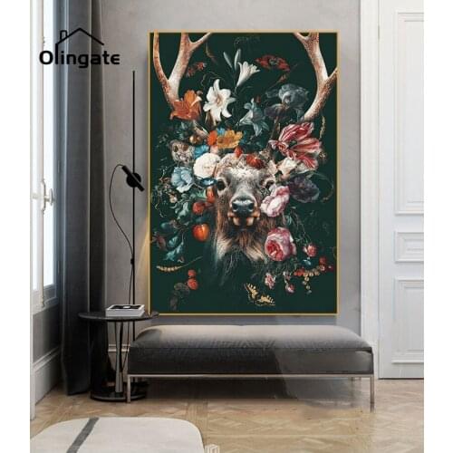 Nordic Animals Plants Wall Picture Print Modern Fortune Deer and Flower Art Canvas Painting One Piece Wall Art Home Room Decor