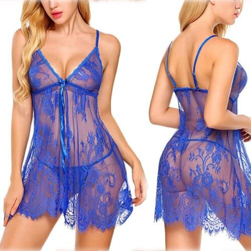 Lace Womens Nightgown Sexy Slit Night Dress See-though Sleepwear Sleeveless Nightwear V-neck Mini Lingerie Porno Underwear