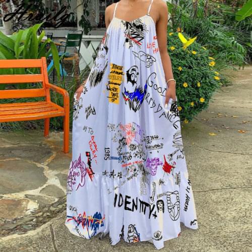 Sexy Summer Dress Women Print Spaghetti Strap Sleeveless Maxi Dress Fashion Pocket Loose Plus Size Slip Dress Sukienki Letnie