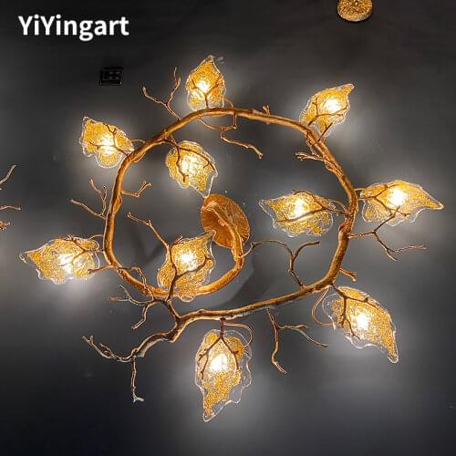 Post Modern Bedroom Maple Leaf Ceiling Lamp All Copper Branch Lamp Creative Glass Leaf Lamp Villa Living Room Model Room Lamp
