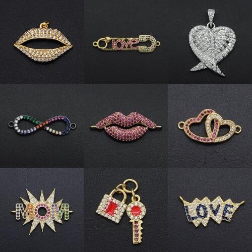 Fabulous Diy Red Clips CZ Charms Wholesale Double Heart Necklace Pendant Zircon Lock Key Connector For Jewelry Love Making