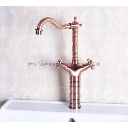 Basin Faucets Antique Red Copper Bathroom Sink Faucet 360 Degree Rotation Spout Double Cross Handle Bath Sink Mixer Taps Nnf127