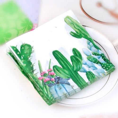 Vintage Napkin Paper Green Cactus Flower Handkerchief Decoupage Napkin Towels Birthday Party Serviettes Home Dinner Decor