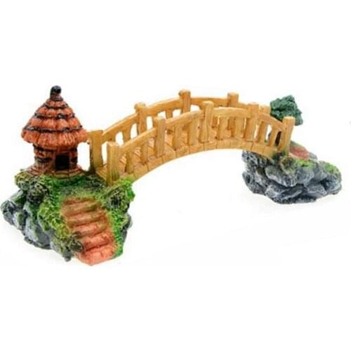 Vintage Yellow Wood Bridge Home Fish Tank Decor Accessories Artificial Resin Avoiding Pavilion Bridge Climbing Platform Fish Toy