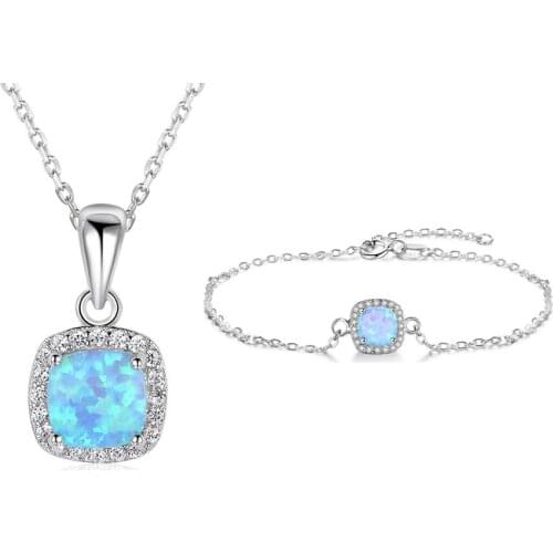 Jewelry Sets Zircon Square Necklace Bracelet Blue Fire Opal Jewelry 925 Sterling Silver Jewelry Sets for Women Engagement Gift