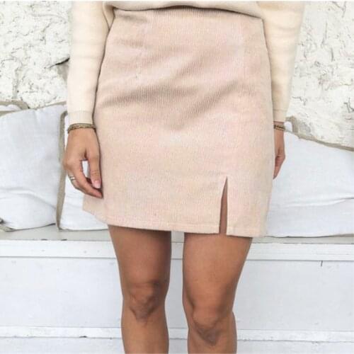 2021 Autumn Winter Cross Border European American Womens High Waist Corduroy Solid Color Split A-shaped Skirt Girl Beige