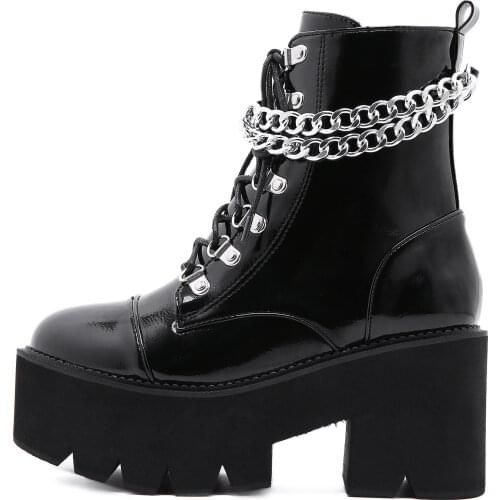 Patent Leather Gothic Black Boots Women Heel Sexy Chain Chunky Heel Platform Boots Female Punk Style Ankle Boots Zipper