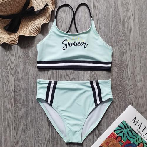 7-14 Years Girl Swimsuit Kids Letter Print Girl Bikini Set Cross Back Two Piece Childrens Swimwear Girl Bathing Suit Beachwear