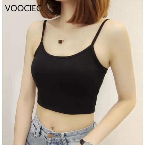 VOOCIEC Cotton Summer Sexy Female Crop Tops Women Sleeveless Straps Tank Top Solid Fitness Lady Camis Casual White Black