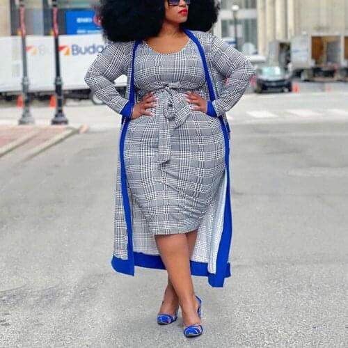 4XL 5XL Plus Size African Ladies Dress Sets Outwears & Dress Sets Plaid Printed Fashion Large High Street Wear Matching Sets New