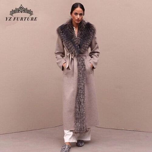2020 new Real Woollen Coat Long Style Coat Nature Fur With Warm Fox Fur Collar full pelt Women Winter Elegant Jacket