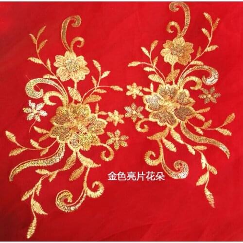 Gold Lace Applique Flower Lady Motif Embroidery Lace Trim Sequined Red Net Wedding Dress Garment Accessories 30X15cm