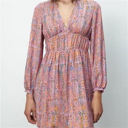 ZXQJ Women 2021 Fashion With Gathered Printed Mini Dress Vintage Long Sleeve Elastic Waist Female Dresses Vestidos