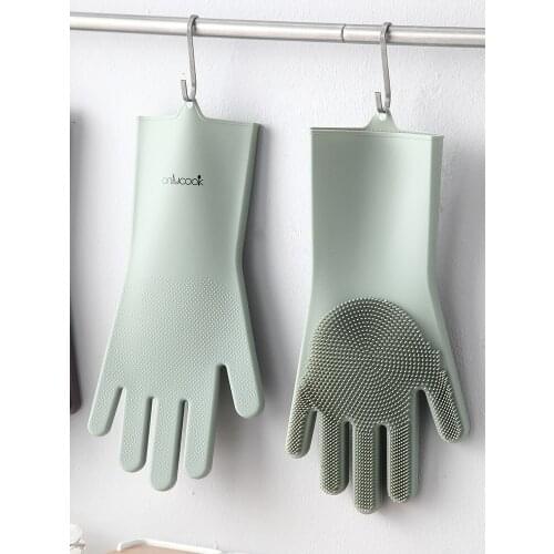 1 Pair Magic Silicone Dish Washing Gloves Dishwashing Glove with Brush Multifunctional Heat Resistant Household Grooming Glove