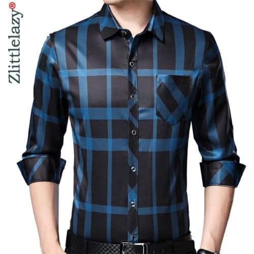 2020 Brand Casual Pocket Plaid Long Sleeve Slim Fit Men Shirt Streetwear Social Dress Autumn Shirts Mens Fashions Jersey 92307