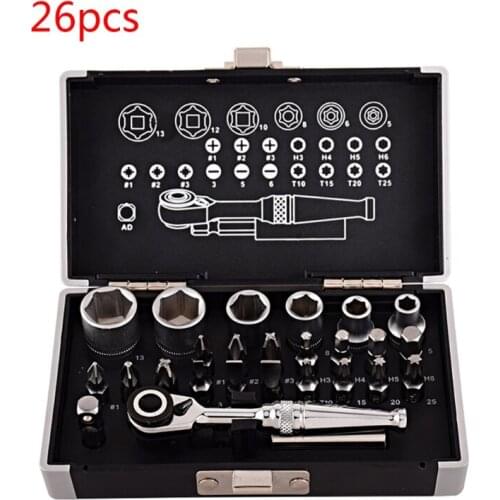 26pcs Mini Ratchet Wrench Socket Bits 1/4'' Drive Spanner Kit Tools for bicycle