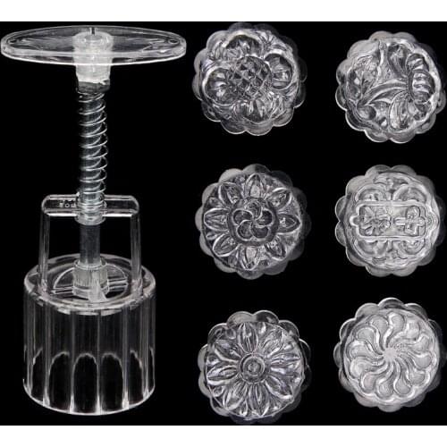 6 Flower Stamps Moon Cake Mould Transparent Round Mooncake Mold Baking Decor 50g square flower-shaped
