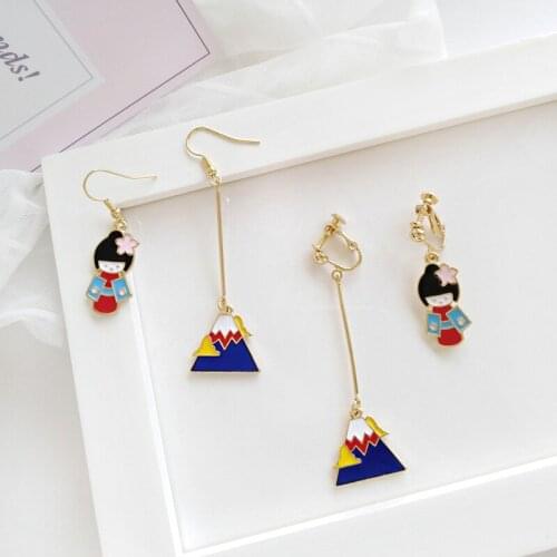 Asymmetric Japenese Comic Metal Enamel Cute Sakura Kimono Girl Mount Fuji Clip Earrings For Women Children Kids Without Piercing
