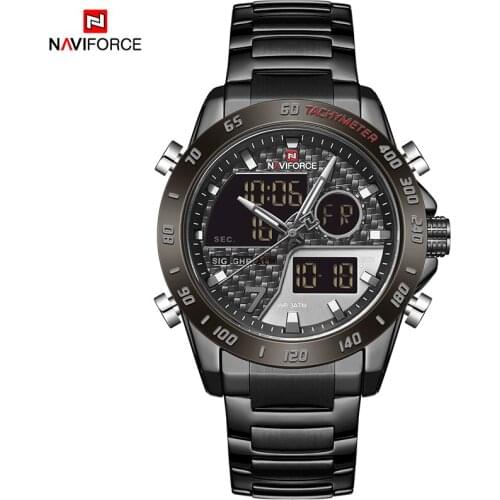 NAVIFORCE Mens Watch Business Mens Dual Time Date Week Display Quartz Digital Electronic Backlight 3ATM Waterproof Watch Wrist