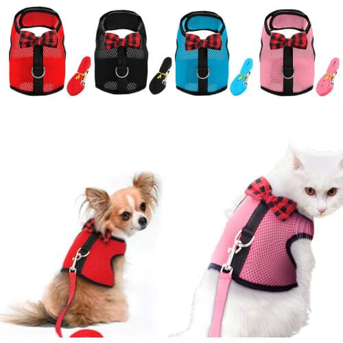 Breathable Cat Dog Harness Pet Vest Hamster Rabbit Chest Strap Adjustable Bowtie Mesh Small Puppy Kitten Harness Leash Supplies