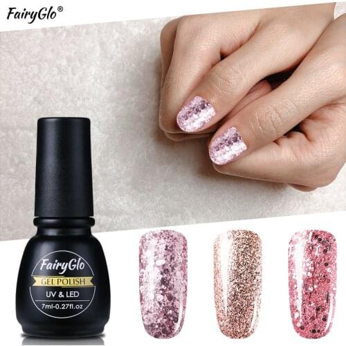 FairyGlo 7ml Rose Gold Glitter UV Gel Nail Polish Soak Off Sequins UV Gel Varnish Color Nail Gel Polish DIY Nail Art Lacquer