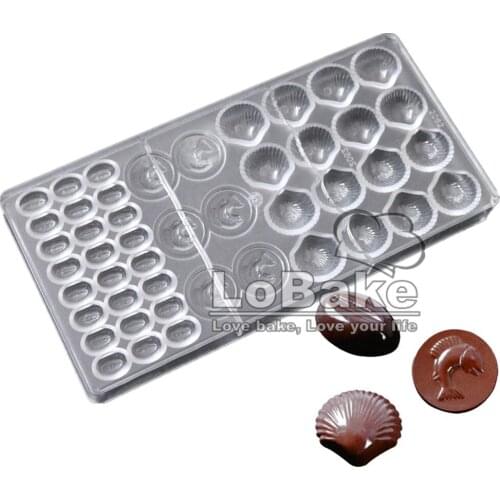 46 cavities dorable sea animals shell fhish bean shape PC Polycarbonate chocolate mold for cocina DIY chocolate baking tools