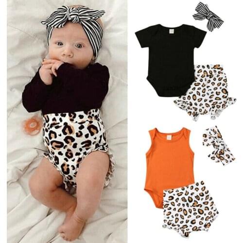 Summer Newborn Infant Baby Girls Clothes Sleeveless Bodysuits Tops Leopard Shorts Outfits 3PCS Set