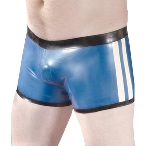 Natural Latex Men Blue And Black Rubber Tight Shorts Low Waist Briefs Male Panties No Zip S-LPM028