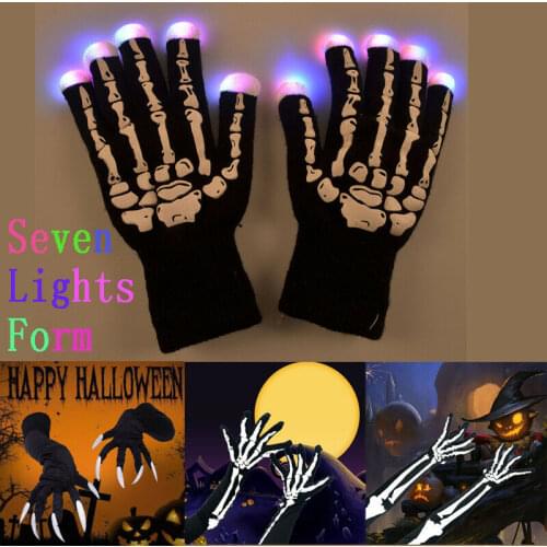 Halloween Skull LED Glowing Gloves Black Graphic Riding Gloves Glowing Skeleton Skull Prints Cosplay Christmas Gloves Supplies