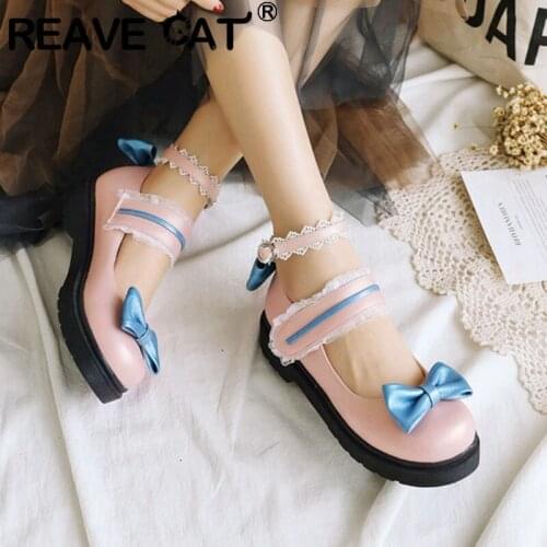 REAVE CAT New 2021 Women Pumps Cute Kawaii Sweet Lolita Princess Cos Round 3.5cm Toe Vintage Bowknot Patchwork Plus Size A3301
