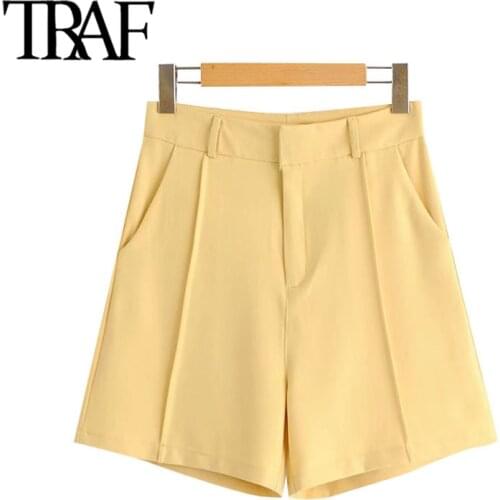 TRAF Women Chic Fashion Office Wear Side Pockets Straight Shorts Vintage High Waist Zipper Fly Female Short Pants Mujer