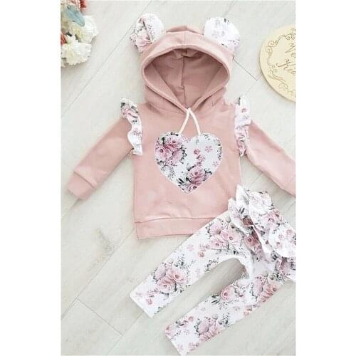 SUNSIOM 2PCS Baby Girl Flowers 3D Ear Hoodies Top Sweatshirt Ruffle Pants Clothes Outfit Set 0-24M